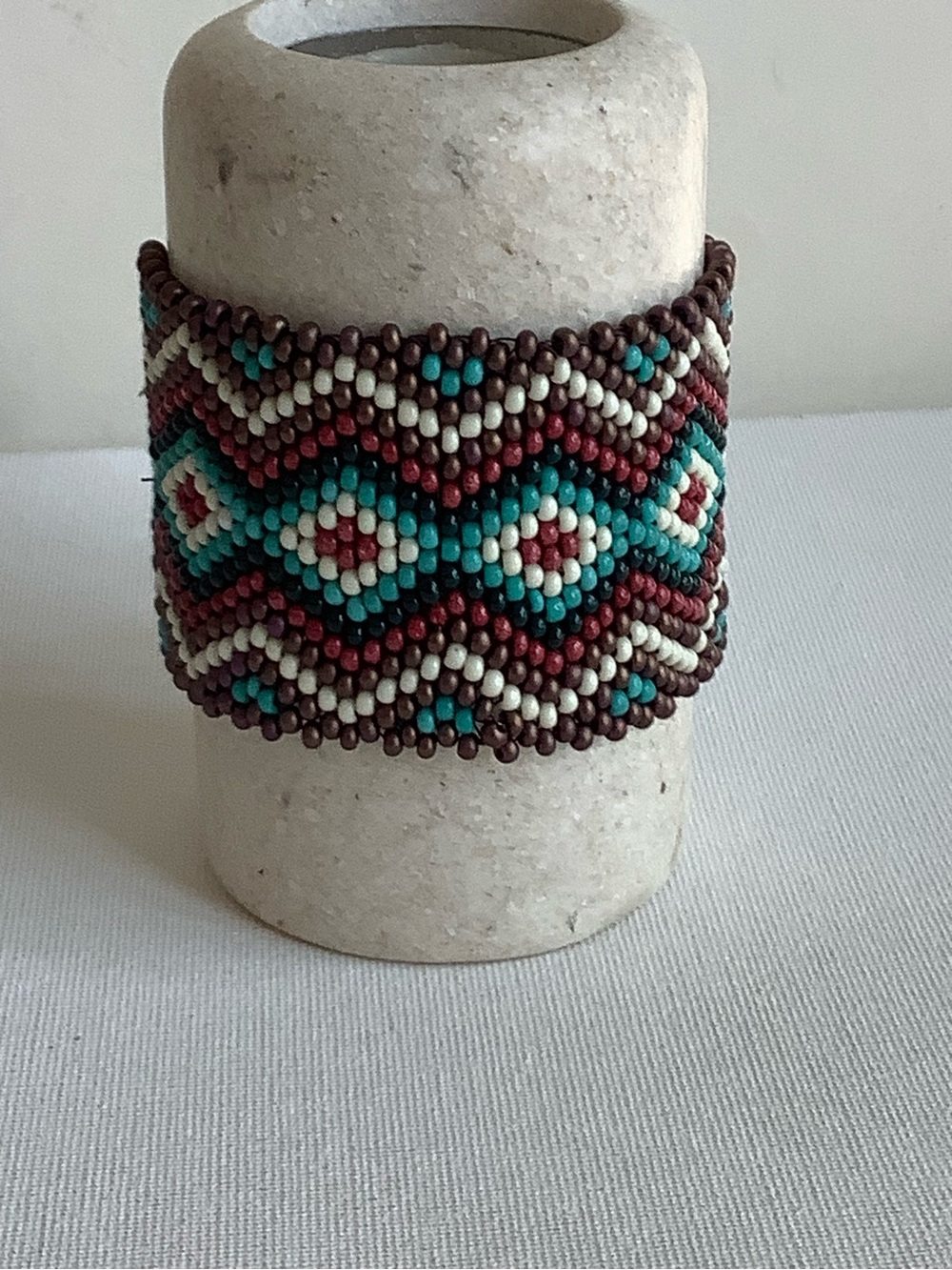 Beaded Chevron Cuff Bracelet - Turquoise, Cream & Brown